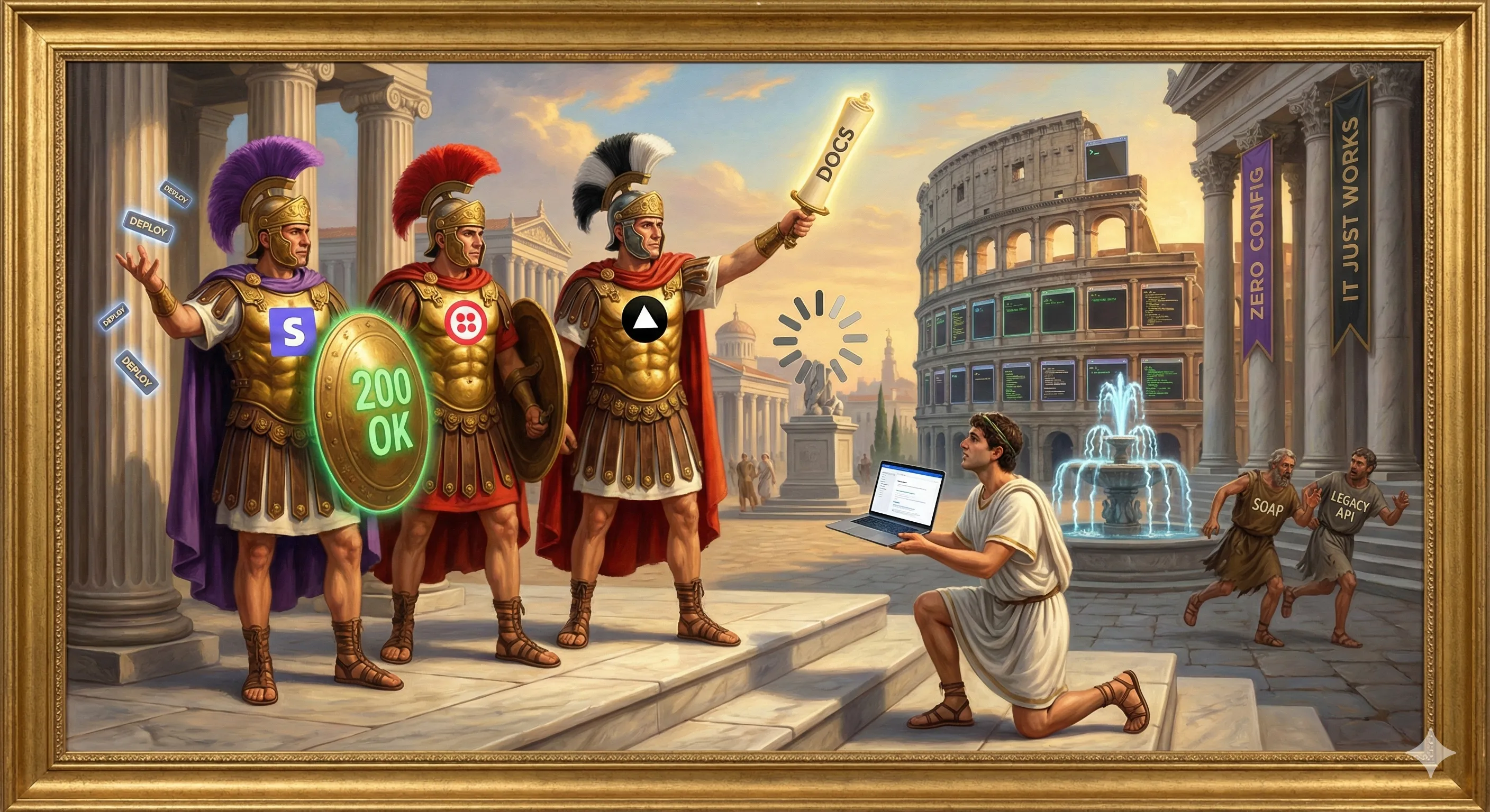 Three Roman emperors standing triumphantly on marble steps, each wearing ornate golden armor with Stripe, Twilio, and Vercel logos as their chest emblems. Their helmet plumes are comically oversized in brand colors (purple, red, black/white). One raises a giant glowing scroll labeled "DOCS" like a sword. Another holds a shield displaying a perfect 200 OK status code. The third throws deploy buttons into the air like coins. Behind them: a ridiculous empire where the Coliseum is made of stacked terminal windows, fountains spray curly braces, and banners reading "Zero Config" and "It Just Works" hang from columns. A statue of a loading spinner stands in the plaza. Fleeing enemies in the background wear tunics labeled "SOAP" and "Legacy API." A developer in a toga and sandals kneels before them, offering a laptop showing clean documentation. Style: Renaissance painting meets tech satire. Dramatic golden lighting, classical composition, but with absurd modern tech elements. Slightly exaggerated heroic poses. Rich colors, detailed textures, painterly but crisp.